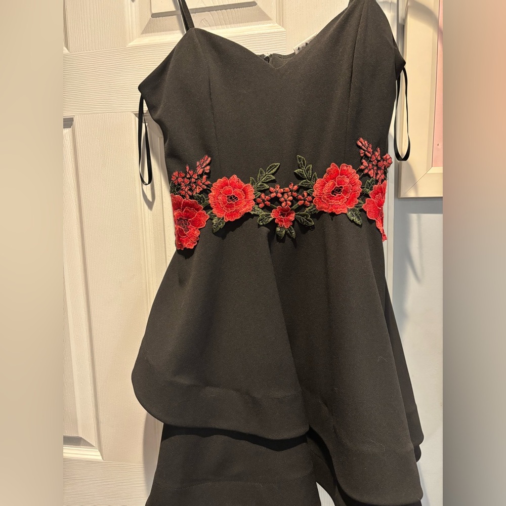 B Darlin Junior's Mini Little Back Dress with Red Floral Embroidery